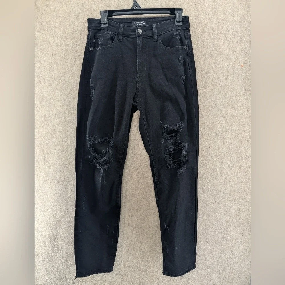 Judy Blue Boyfriend Jeans Women's 7/28 Black Stretch Denim Distressed Pants - Picture 1 of 9